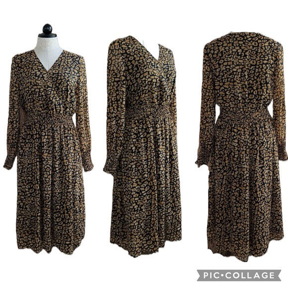 WhoWhatWear Cheetah Print Surplice V-Neck Wrap Long Lantern Sleeve Midi Dress - Picture 3 of 16